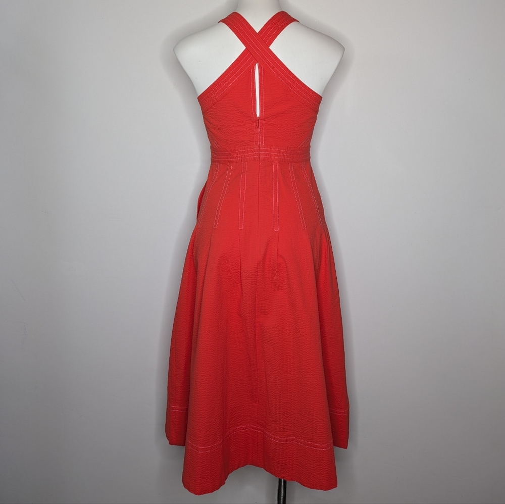 Anthro Maeve Red Orange Textured Square Neck Halter Cotton Blend Dress 2 - Picture 5 of 9